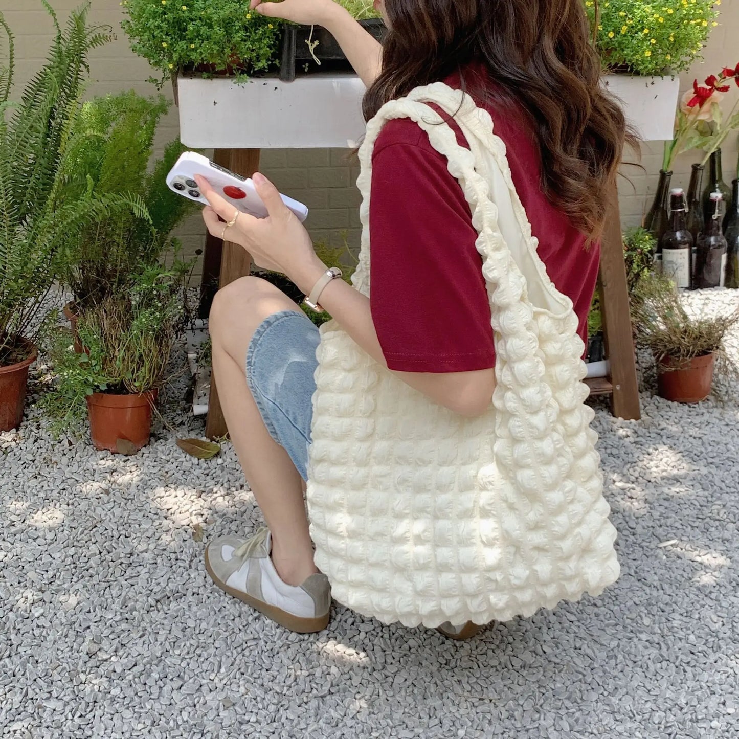 Women Cloud Bubbles Shoulder Bag Soft Cloth Fabric Cute Handbag Casual Tote Light Canvas Shopping Bags Female Cute Books Purse