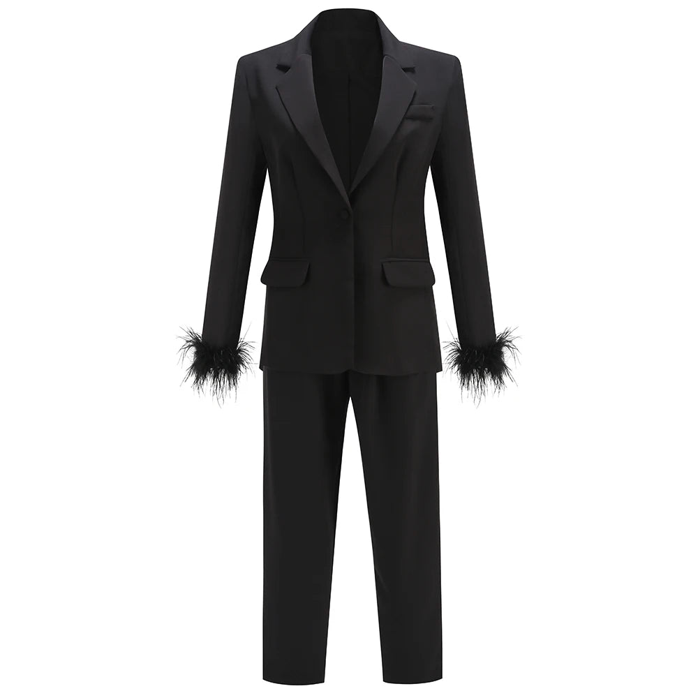 High End Fashion Women Black Blazer Suits Elegant Long Sleeve Furry Tops and Pants Two Pieces Sets Evening Party Outfits