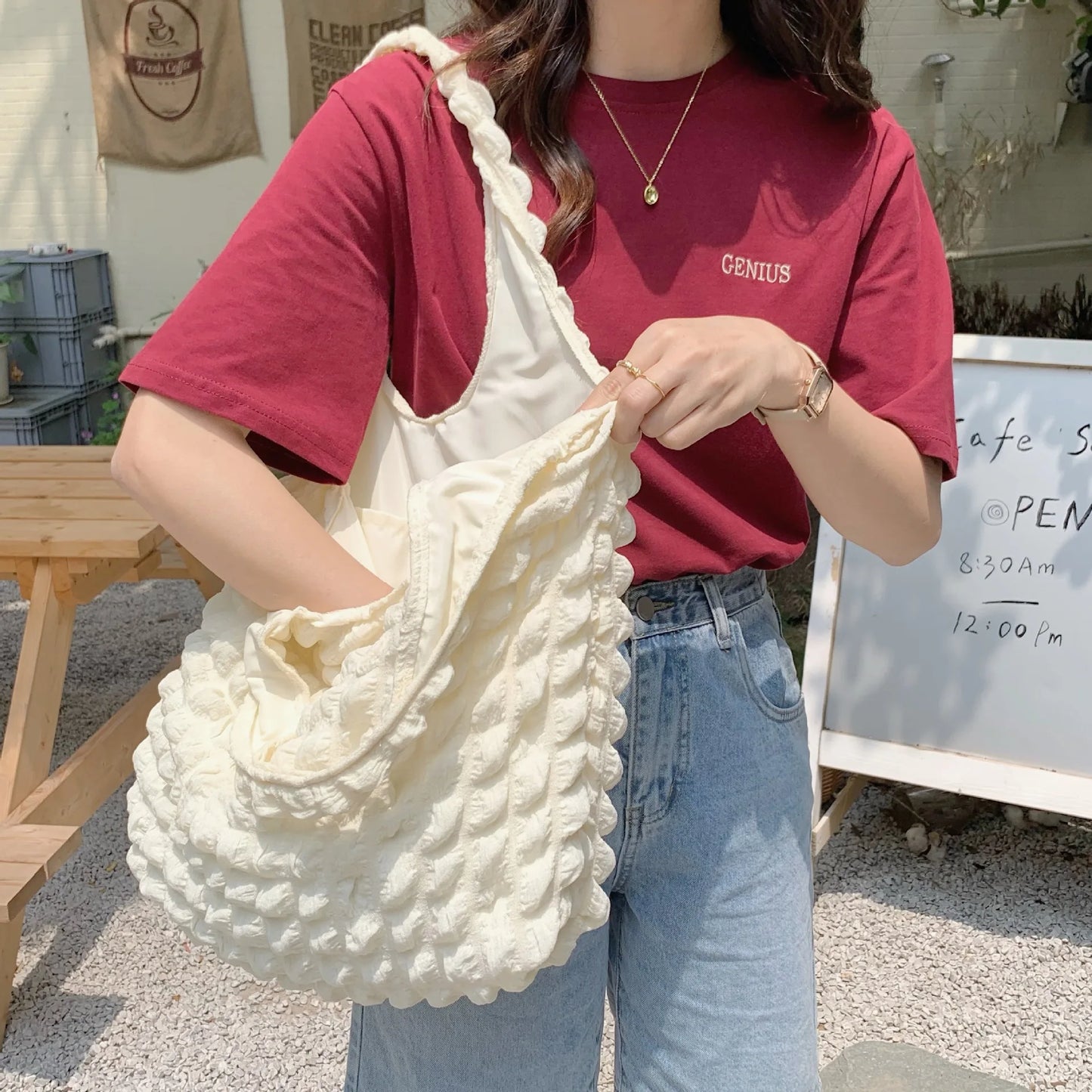 Women Cloud Bubbles Shoulder Bag Soft Cloth Fabric Cute Handbag Casual Tote Light Canvas Shopping Bags Female Cute Books Purse