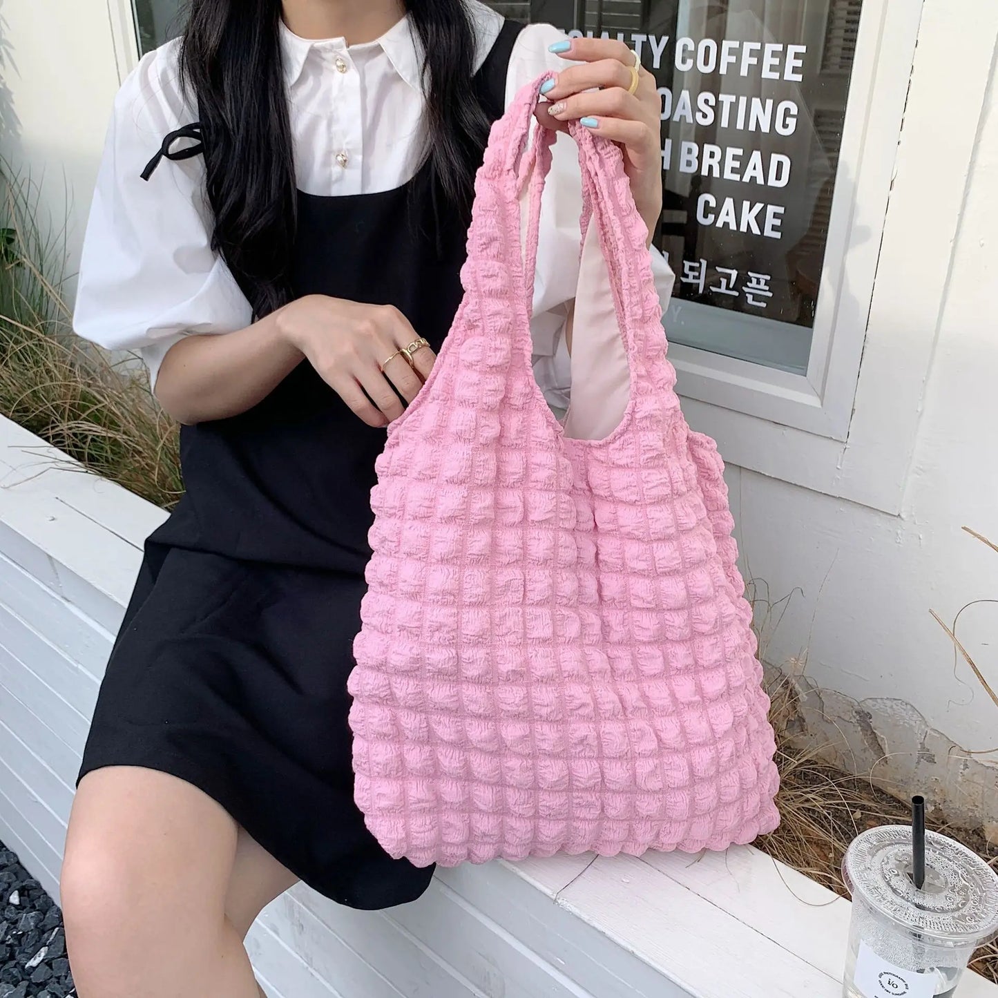 Women Cloud Bubbles Shoulder Bag Soft Cloth Fabric Cute Handbag Casual Tote Light Canvas Shopping Bags Female Cute Books Purse