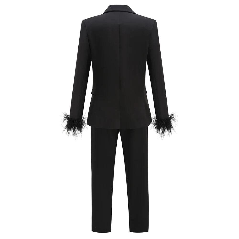 High End Fashion Women Black Blazer Suits Elegant Long Sleeve Furry Tops and Pants Two Pieces Sets Evening Party Outfits