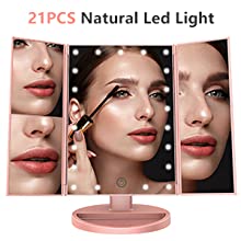 Portable Trifold Makeup Mirror With 1x 2x 3x Magnification, Vanity LED Makeup Mirror With Lights Touch Screen Switch for Women