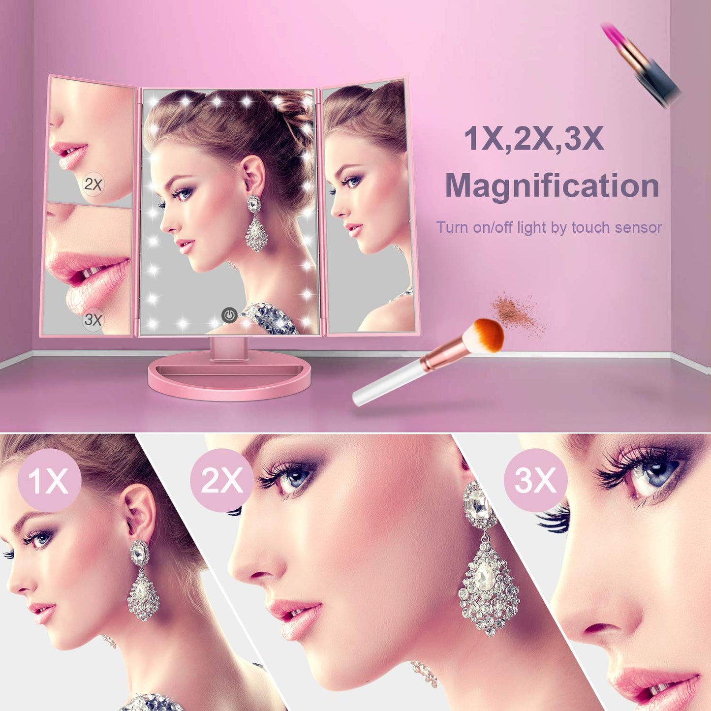 Portable Trifold Makeup Mirror With 1x 2x 3x Magnification, Vanity LED Makeup Mirror With Lights Touch Screen Switch for Women